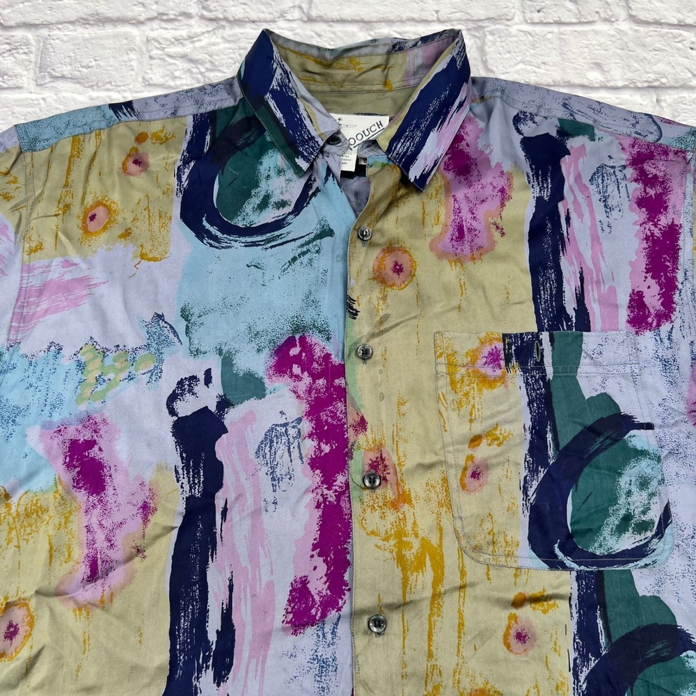 Goouch Vintage 90s Silk Abstract Brushstroke Print Shirt Men's Large Blue Purple - Picture 3 of 11